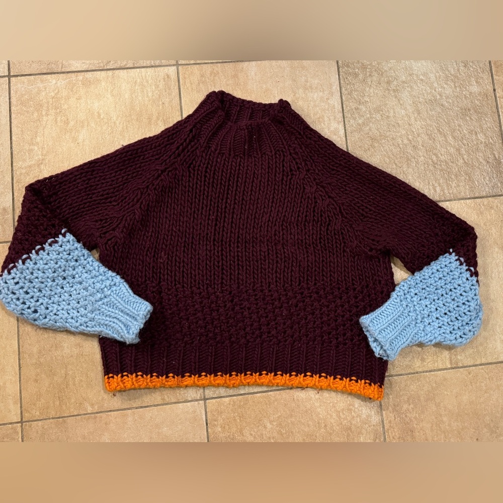 Dr Bloom bulky knit mock neck sweater in burgundy w/lt blue &orange trim.No size